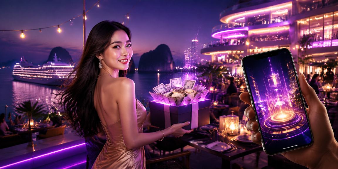 Vịnh Hạ Long về đêm với ánh đèn neon casino trên điện thoại di động