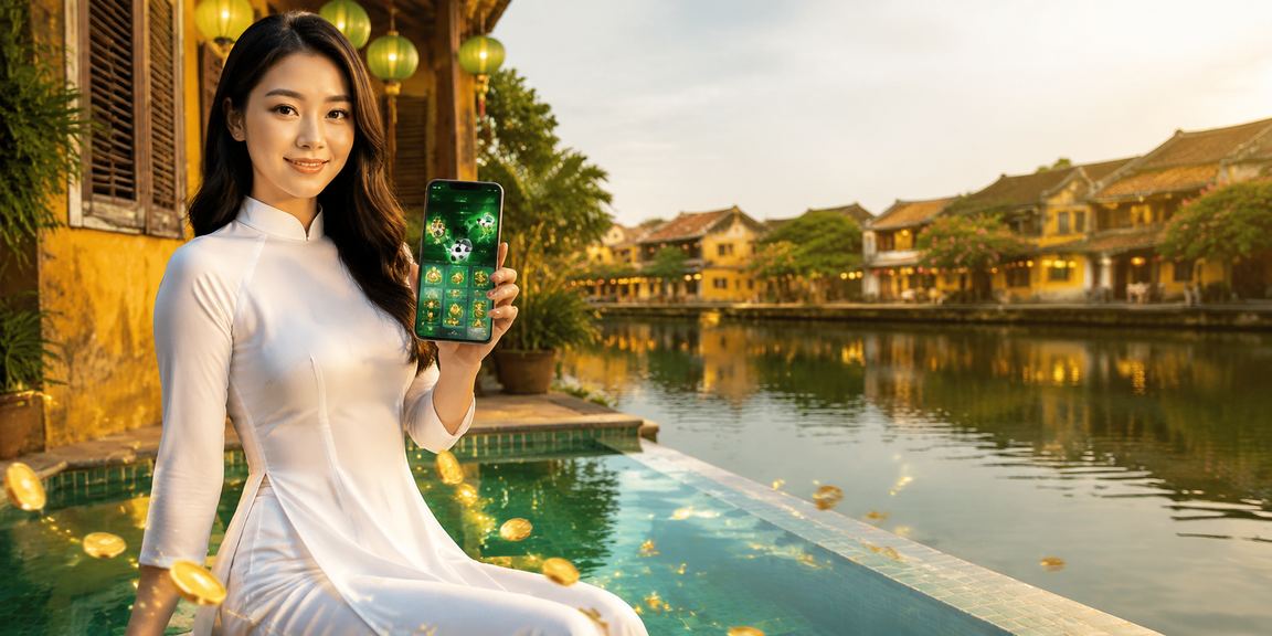 Người phụ nữ mặc áo dài Hội An sử dụng ứng dụng casino xs3mie trên điện thoại di động